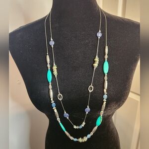 Elegant Multi-Color Beaded Necklace   17in One Side 2 Layer Long Necklace